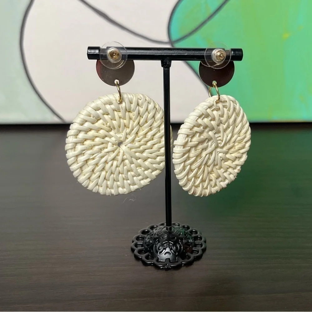 Round Bleached Rattan Whicker Bohemian Earrings ER05.3